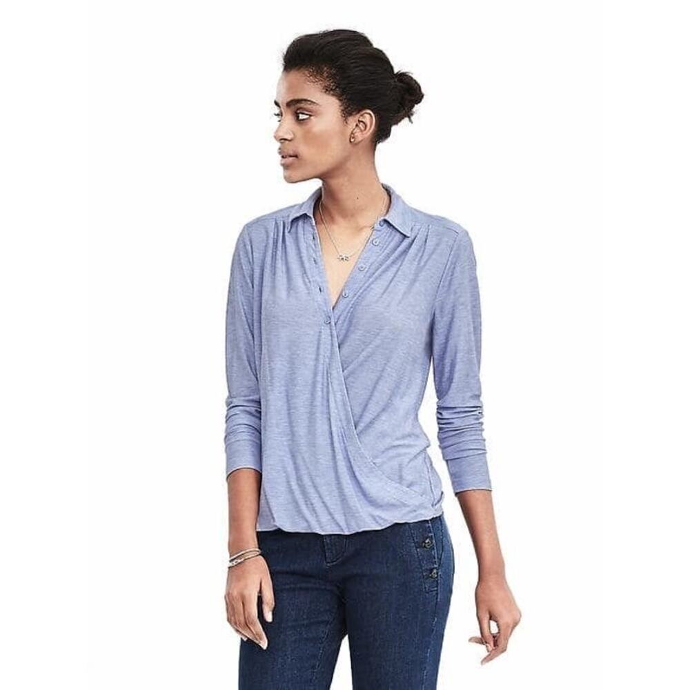 Banana Republic Small Blue Long Sleeve button up top draped neck​​​​​
